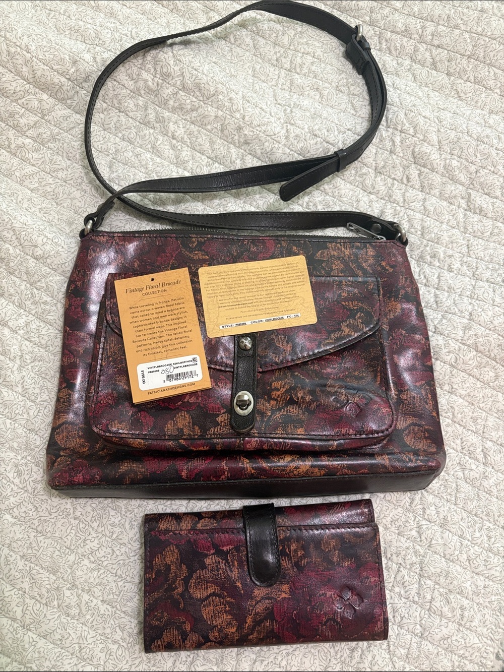Patricia Nash Burgundy Floral Embossed Crossbody with Matching Wallet